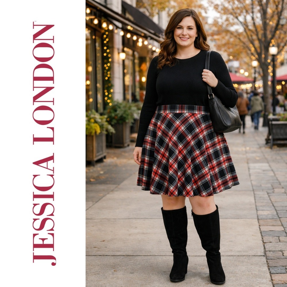 Jessica London, Tartan Plaid Wool Blend A Line Skirt Size 20W Red Black White